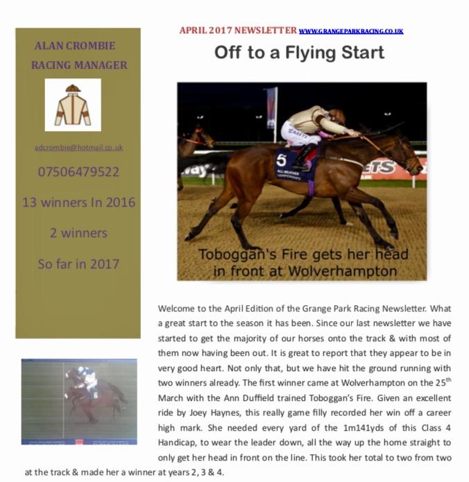 A nice write-up in Grange Park Racing's newsletter - a fun, friendly syndicate